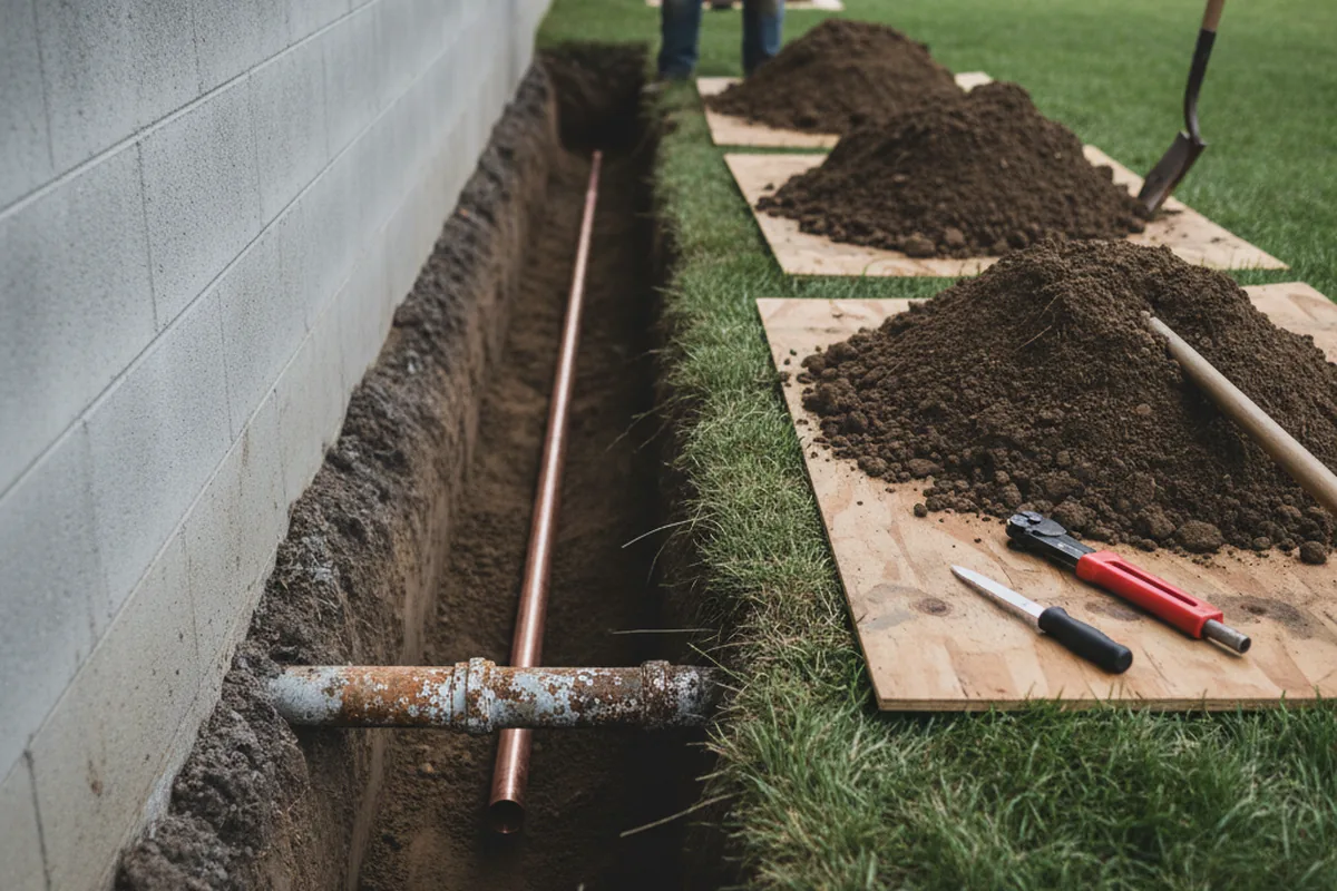 Excavated water line trench during Water Heater Repair in Chinook